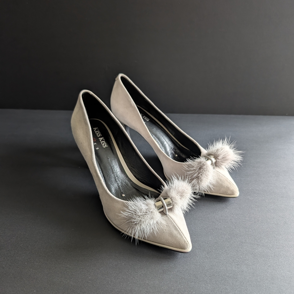 Kiss Kiss Gray Heels with Fluffy Toe Detail